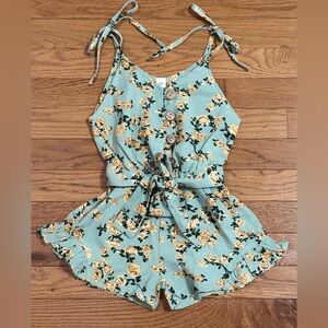 Reverie Threads Boutique Charming Floral Kids Romper in Blue and Cream 2T